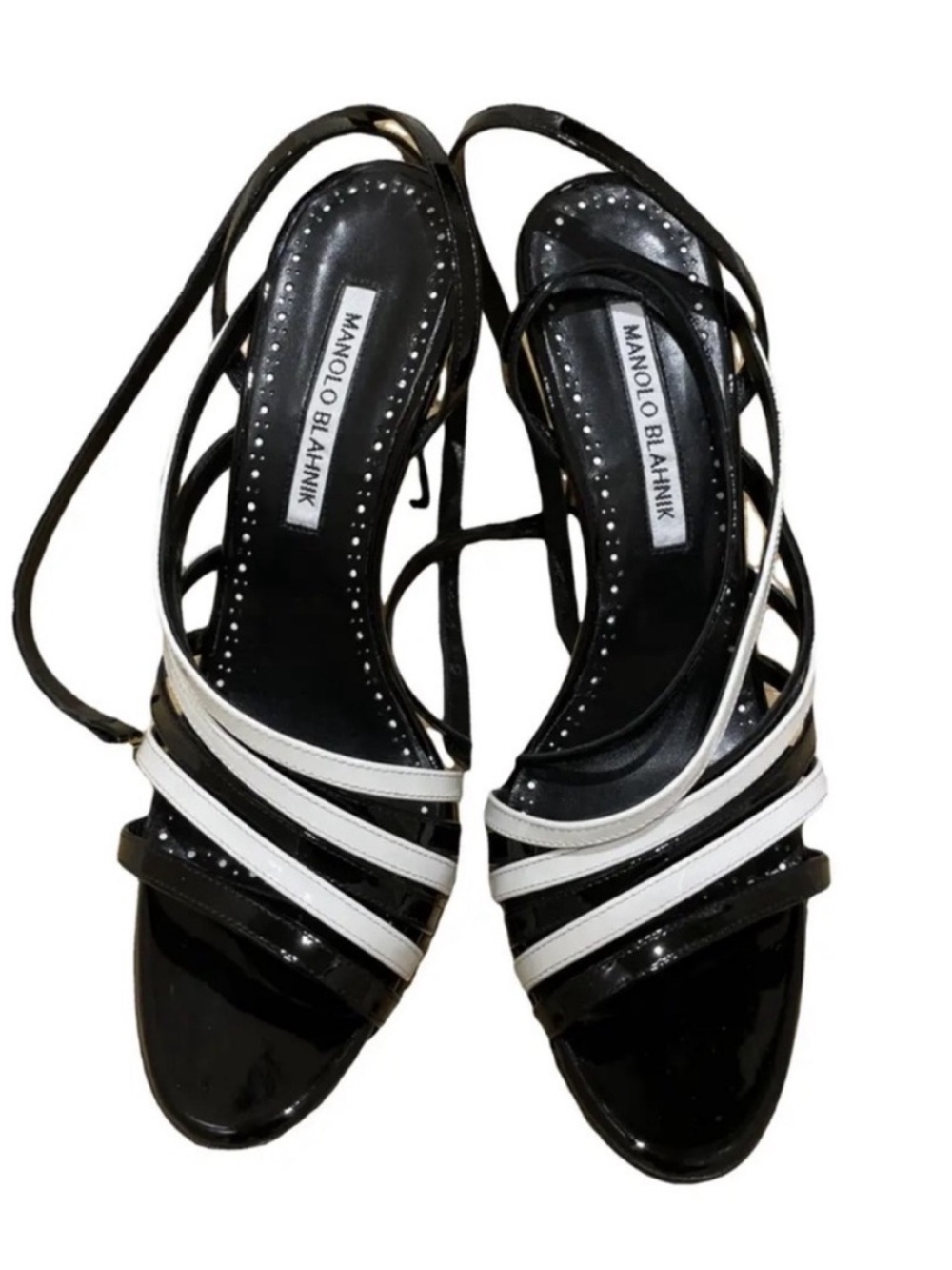 Manolo Blahnik Black White Patent Leather Strappy Stiletto Heel Sandals 40 1/2